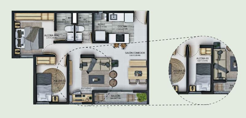 Apartamento tipo, 55 m2